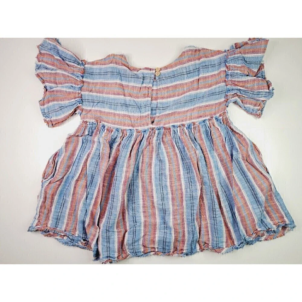 Free People Summer Nights Blue Lagoon Striped Mini Babydoll Dress Size XS